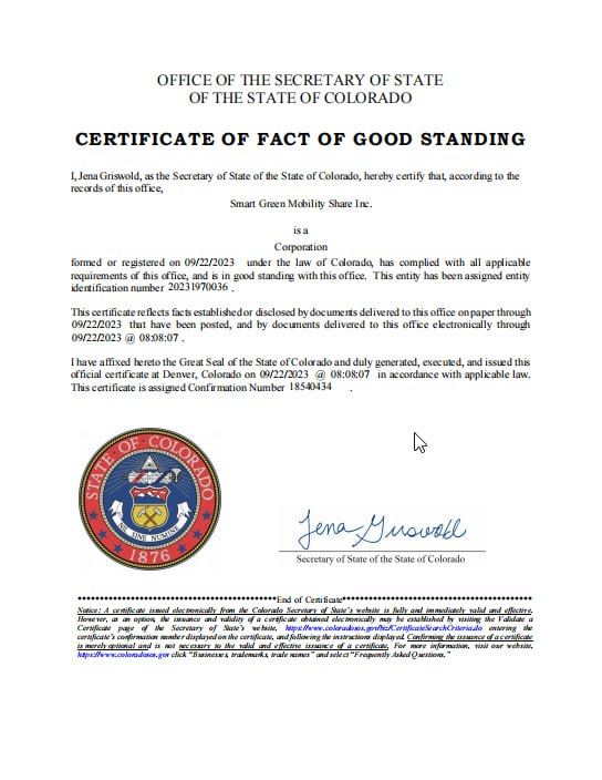 Certificate of Fact of Good Standing